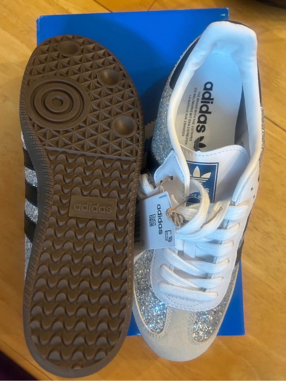 adidas Samba women’s Silver Glitter Sneakers with Black Stripes - Picture 3 of 4